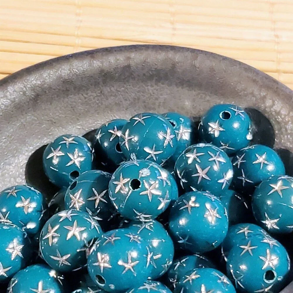 Vintage Retro Teal Green Silver Stars 12mm Round Acrylic Shabby Beads 10 pcs